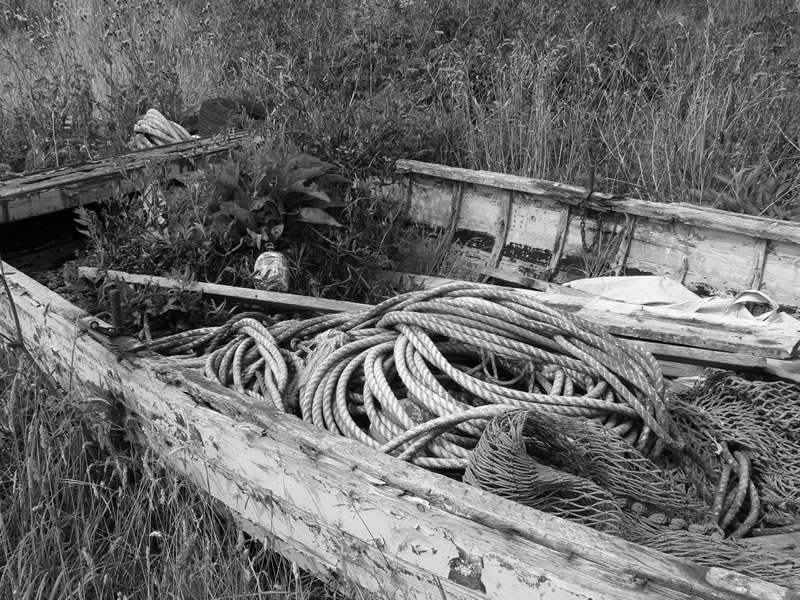 Old boat and fishing ropes and equipment