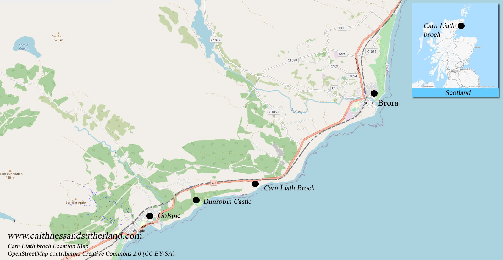 Carn Liath Broch in Sutherland, Scotland - Broch Location Map