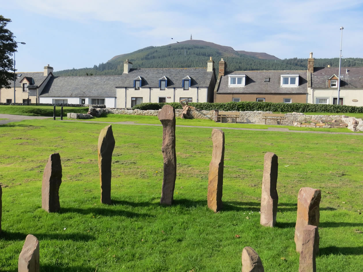 Golspie park with artwork - view of Ben Bhraggie and the Duke of Sutherland Monument