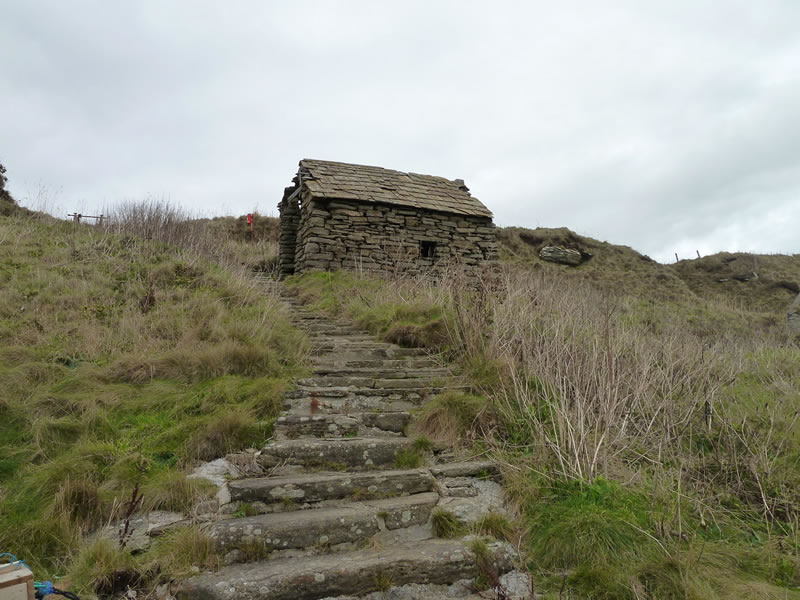 Steps and the old fishing bothy / hut at Nybster in Caithness